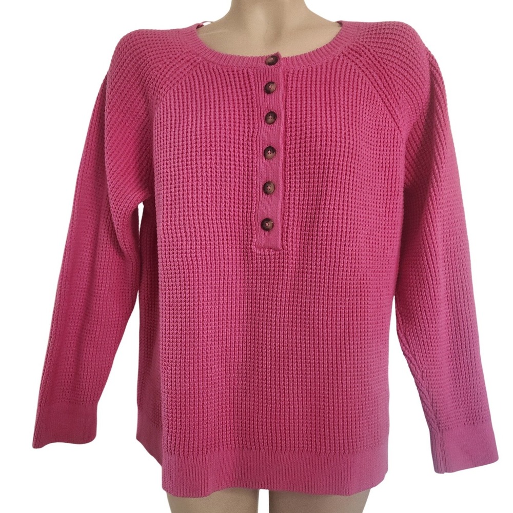 J. Jill Pink Waffle Knit Henley Sweater Womens XL Raglan Sleeve Cotton‎ Blend
